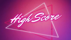 Animation of high score text over neon triangles on neon background. Global video game, digital interface, communication, computing and data processing concept digitally generated video. - Powered by Shutterstock - Get 15% off with code: PIKWIZARD15