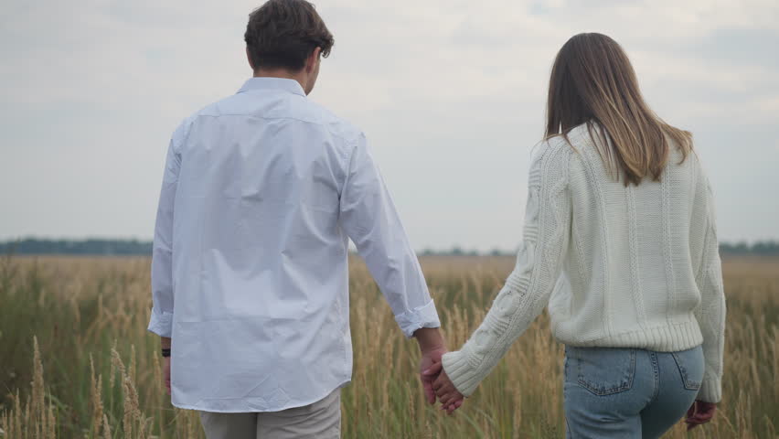 Tracking shot of relaxed young couple walking in autumn field holding hands and touching wheat stems in slow motion. Back view confident Caucasian man and woman dating outdoors enjoying tranquility
