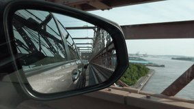 Side Mirror Reflections and Scenic Drive Shot Slow on Brooklyn Bridge. New York NYC, USA