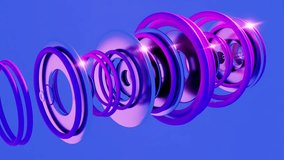 dynamic equalizer in the form of purple disks on blue background. Futuristic sound wave visualization. Synthetic music technology sample. subwoofer. Distorted frequencies. 4k. Audio waveform