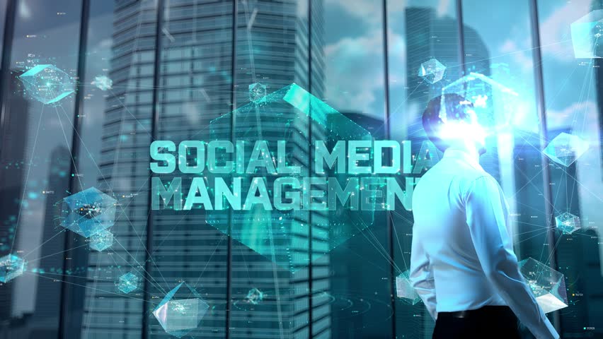 Social Media Management. Businessman Working in Office among Skyscrapers. Hologram Concept