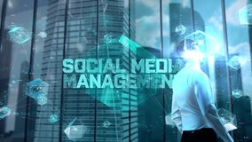 Social Media Management. Businessman Working in Office among Skyscrapers. Hologram Concept - Powered by Shutterstock - Get 15% off with code: PIKWIZARD15