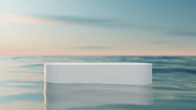 White podium on wave beach and 
sunset sky abstract background. Copy space for product presentation. 3d render.