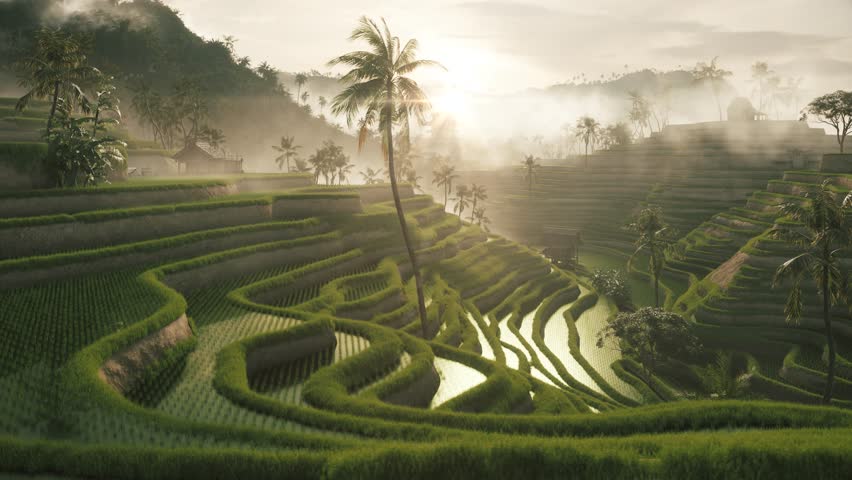 Rice fields terrace at sunset. Flooded Asian rice fields in the mountains. Rice fields in bali	 | Shutterstock HD Video #1108236971