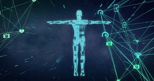 Animation of networks of icons, human body over data processing. Global science, medicine, research, computing and data processing concept digitally generated video.