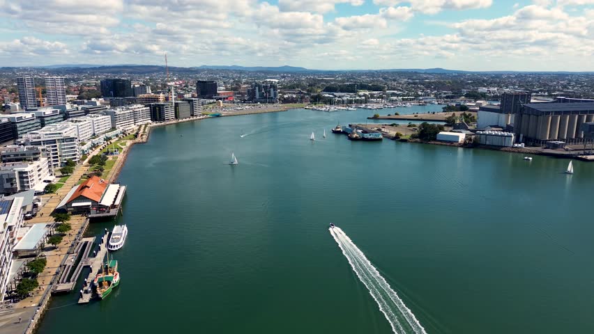 Drone aerial honeysuckle wharf Newcastle harbour channel boat inlet NSW travel tourism Carrington Stockton Hunter River Newcastle Australia 4K