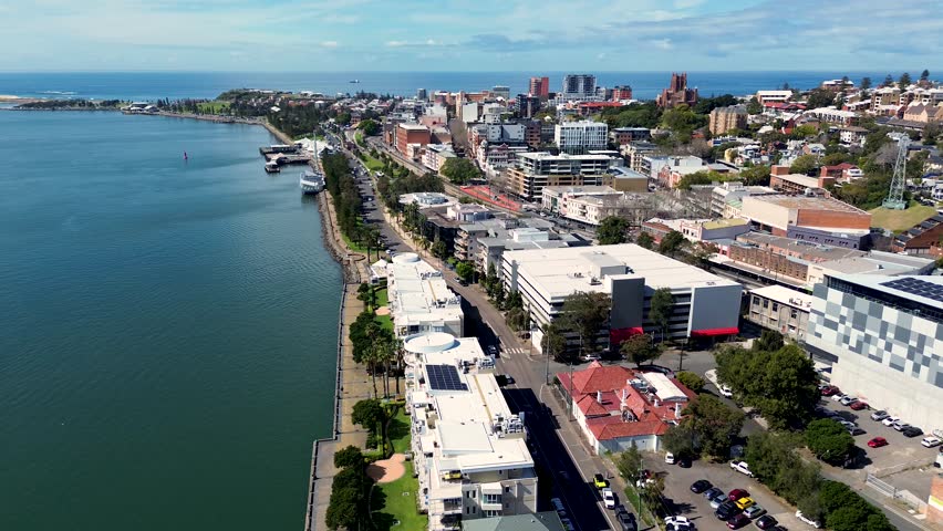 Drone aerial CBD city Newcastle Harbour Honeysuckle wharf Nobby