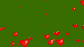 Falling red hearts on a chroma key background. 3D rendering of animation. Video effect for valentine's day and weddings. Green screen. Rain from hearts.
