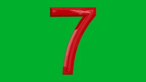 Number 7 rotating on green background in red shiny colour, with looping animation, 3d render Hd resolution chroma key.