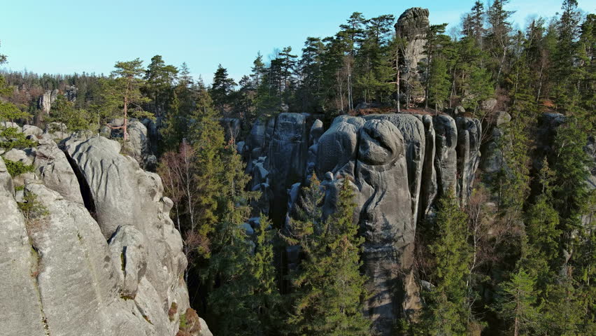 Aerial view of Teplice Rocks, part of Adrspach-Teplice landscape mountain park in Broumov highlands region of Bohemia, Czech Republic, 4k