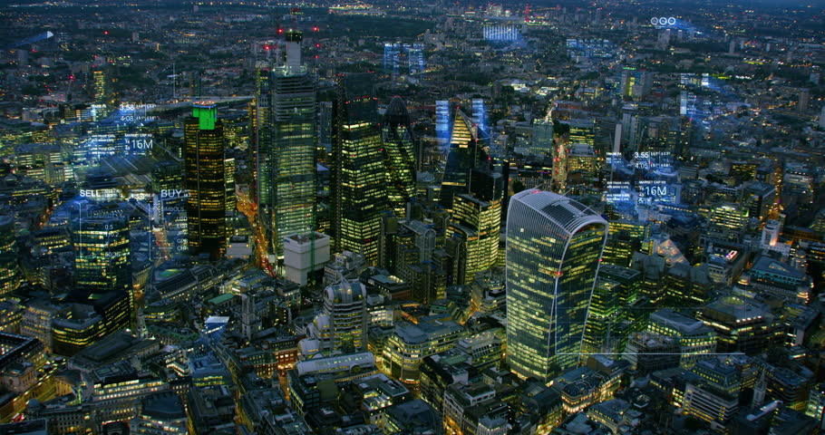 Financial Charts over Futuristic Aerial Skyline of London. Animated Financial Information Related To Stock Market, Stocks, Trading, Candlestick Pattern, Bear Market, Bull Market, Trading, Big data, AI Royalty-Free Stock Footage #1108243209