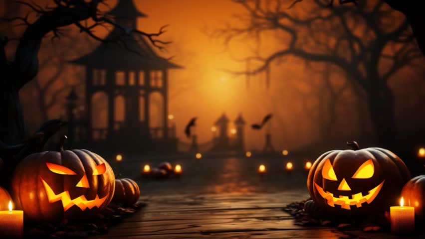 Glowing pumpkin lantern on wooden table in Halloween setting Pumpkin Halloween 31st October | Shutterstock HD Video #1108244413