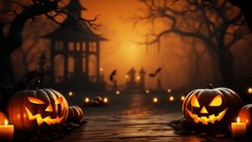 Glowing pumpkin lantern on wooden table in Halloween setting Pumpkin Halloween 31st October - Powered by Shutterstock - Get 15% off with code: PIKWIZARD15