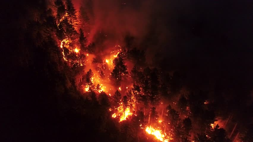 Aerial aerial view of forest fires. Night forest fire view and aerial view of burnt forest | Shutterstock HD Video #1108248255