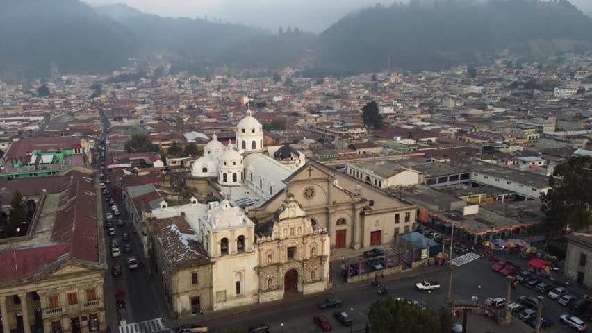 Aerial view of Baroque architecture of Quetzaltenango Cathedral façade Royalty-Free Stock Footage #1108249629