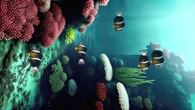 Vertical video of undersea background with yellowtail clownfish school among colorful aquatic plants on tropical coral reef in clean water on sea bottom or in aquarium. Underwater scene 3D animation.