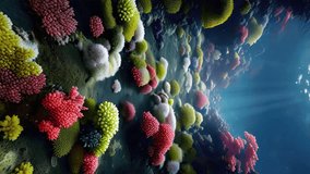 Close up vertical underwater background with colorful marine plants anemones on tropical coral reef in clean turquoise water on ocean floor or in aquarium. Undersea scene 3D animation.