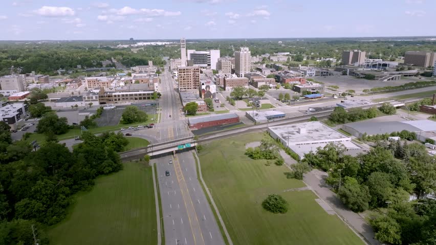 Pontiac, Michigan downtown skyline with drone video wide shot stable.