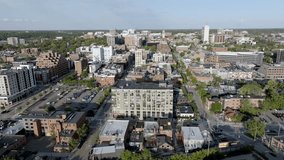Downtown Ann Arbor, Michigan with drone video moving in.