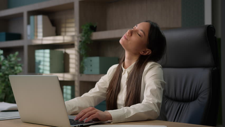 Tired fatigued Caucasian girl feel neck discomfort with computer work in office exhausted woman business employer businesswoman working laptop feeling painful head pain ache migraine headache stress Royalty-Free Stock Footage #1108254481