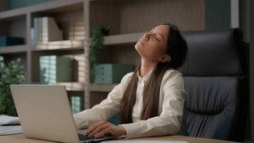 Tired fatigued Caucasian girl feel neck discomfort with computer work in office exhausted woman business employer businesswoman working laptop feeling painful head pain ache migraine headache stress - Powered by Shutterstock - Get 15% off with code: PIKWIZARD15