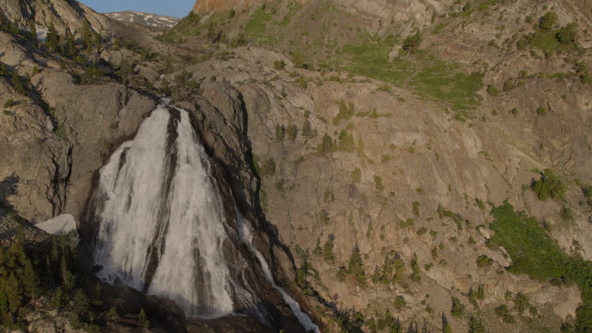 Top-down aerial view of Horsetail Falls pouring over granite near June Lake, California