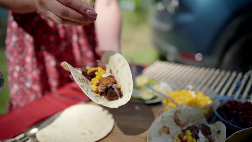 Tasty Mexican Tacos Filled Meat. Homemade American Soft Shell Beef Tacos. Mexican Food Burrito. Tortilla Fast Food. Mexican Pork Carnitas Tacos Fajitas. American Taco Salsa Corn Tortilla Carne Asada Royalty-Free Stock Footage #1108261769