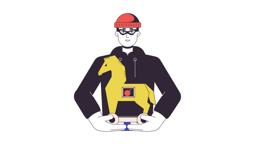 Malicious cyber criminal with trojan horse virus line 2D animation. Computer bugs 4K video motion graphic. Spyware penetration. Hacker attack linear animated cartoon flat concept, white background