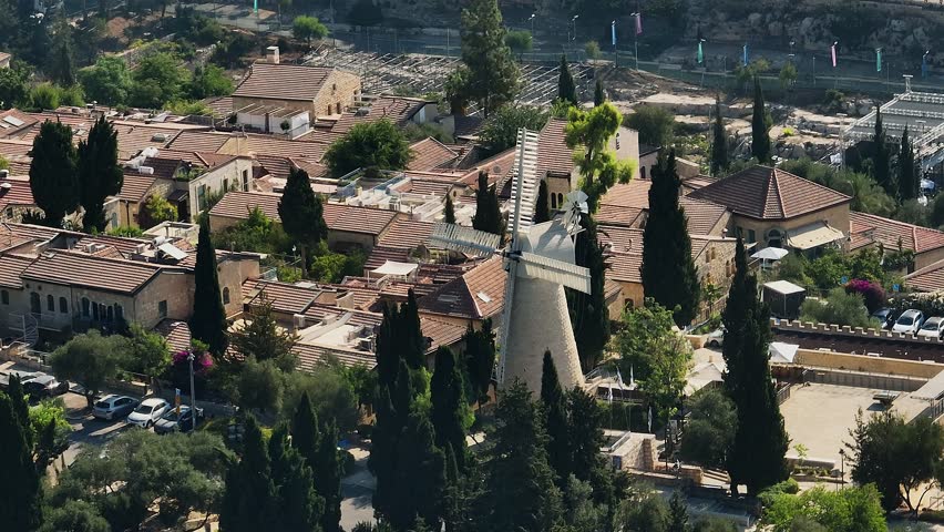 Jerusalem old city windmill, aerial drone view, Israel 4k