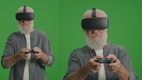 2-in-1 Split Green Screen Montage. An Old Man In Vr Glasses Plays A Joystick. Modern Elderly Man Playing Computer Games With Virtual Reality. Virtual Reality Games For The Elderly.
