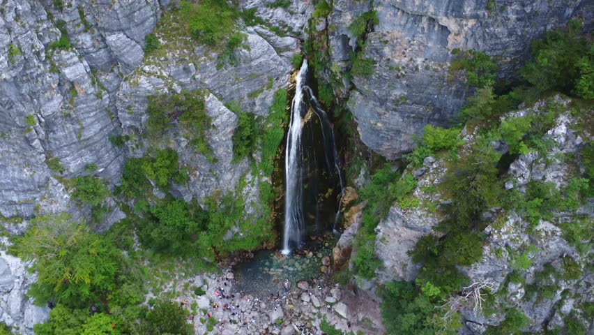 Aerial drone view of the waterfall in Theth national park, Albania