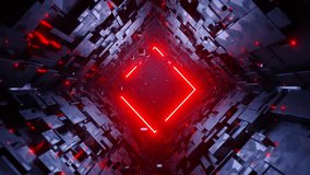 4K seamless loop motion graphics of flying into rhomb tech tunnel with red neon diamond sign and floating particles. Endless background - Powered by Shutterstock - Get 15% off with code: PIKWIZARD15