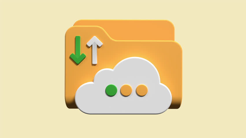 Cloud storage 3d animation. File transfer concept. Cloud download and upload icon. Digital file organization service or app with data transferring. Seamless and looped animation