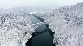 Drone Aerial view Landscape of Railway bridge between the mountain over the river in snow day. Pine tree forest mountain with railroad track covered in snow. Beautiful scenic nature in winter season. - Powered by Shutterstock - Get 15% off with code: PIKWIZARD15