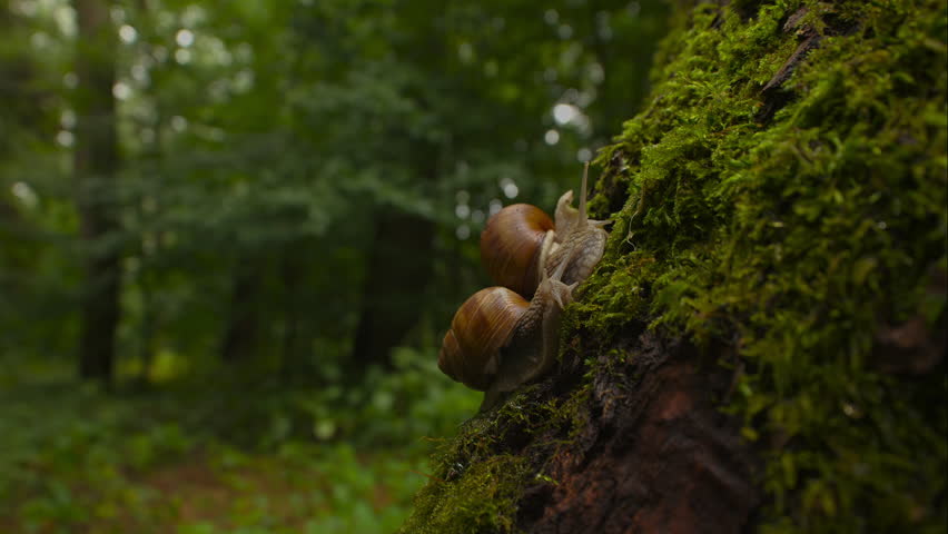 Time-lapse of two snails crawling up a tree trunk wrapped in moss. Set against a deep green, bokeh-infused, and blurred forest backdrop, the snails appear to race through a dark woodland. Royalty-Free Stock Footage #1108272159