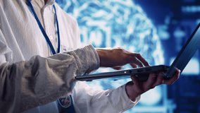 Meticulous engineer in cloud computing startup uses artificial intelligence computing simulating human brain. Admin performing operations on laptop with AI machine learning algorithms. 3D Illustration - Powered by Shutterstock - Get 15% off with code: PIKWIZARD15