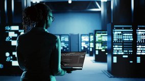Engineer walking in server room housing advanced infrastructure storing massive datasets. Worker running code on tablet to upgrade data center rigs doing complex computational operations - Powered by Shutterstock - Get 15% off with code: PIKWIZARD15