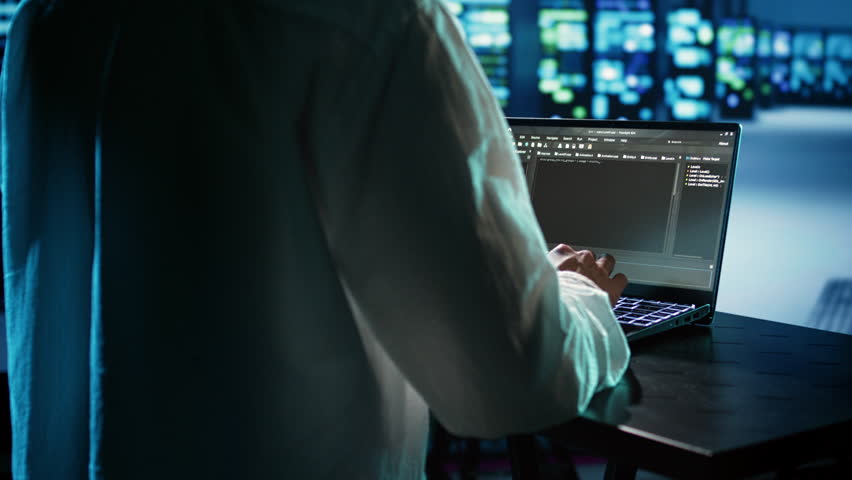 Licensed programmer running code on laptop, troubleshooting and updating data center equipment designed to accommodate server clusters, networking systems and storage arrays, close up Royalty-Free Stock Footage #1108272965