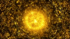 Abstract golden orange looped energy sphere of plasma particles and waves of magical glowing on a shiny yellow dust motion background, video 4k, 60fps.