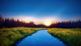 Calm river in the middle of a meadow and pine forest with sunset, 4k quality looped video