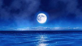 Full moon night atmosphere over the ocean with blue water, 4k quality looping video