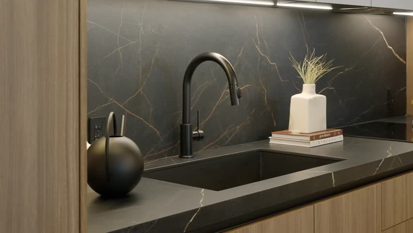 Brown kitchen cabinetry with luxurious matte surface crafted from black marble with golden pattern. Integrated sink with sleek faucet and decorative accessories Royalty-Free Stock Footage #1108279927