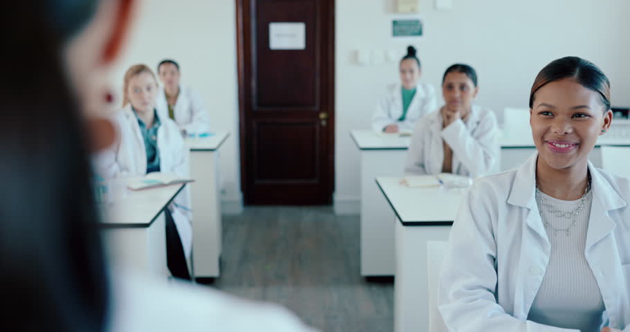 Medical, school and medicine students in a class learning at a healthcare university or college with scholarship for education. Lecture, science and women in a classroom for research and studying Royalty-Free Stock Footage #1108281825