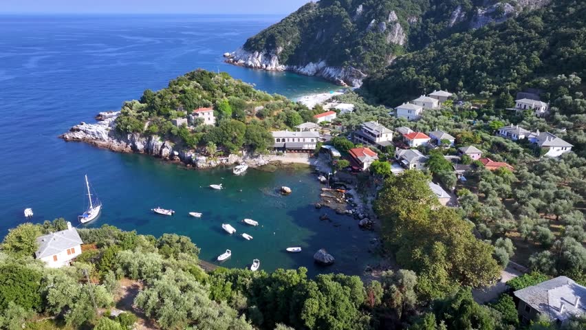 Aerial view of the idyllic fishing village of Damouhari, North Pelion, Greece