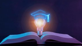 Glowing light bulb and graduation cap with tessel icon above opened book. E-learning online, education congratulation, graduation ceremony, key to success and knowledge learning concept. - Powered by Shutterstock - Get 15% off with code: PIKWIZARD15