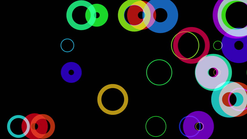 Motion graphics of colourful circle shapes moving across the screen