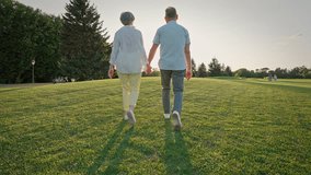 Back view of stylish aged people grasping each other hands while moving through golf course. Healthy elderly couple enjoying picturesque landscapes and beautiful sunset together. - Powered by Shutterstock - Get 15% off with code: PIKWIZARD15