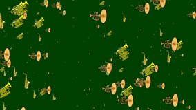 2D Trumpet falling from sky  on Green Screen Background. Trumpet Musical Instrument Icon Animation. Ultra HD Loop Video Motion Graphic.
