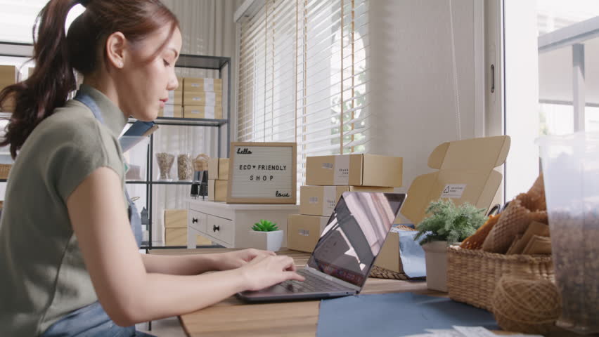 Save the planet earth Eco friendly box store in net zero waste shop asian seller digital retail working at home office. ESG Small SME owner woman asia people typing chat laptop on AI chatGPT chatbot. Royalty-Free Stock Footage #1108290165