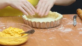 Mother And Daughter Are Making Dough For Thanksgiving Pie. put the dough in a mold for a thanksgiving pumpkin pie. Making Pumpkin pie for Thanksgiving Day. Seasonal traditional autumn festive cake. - Powered by Shutterstock - Get 15% off with code: PIKWIZARD15